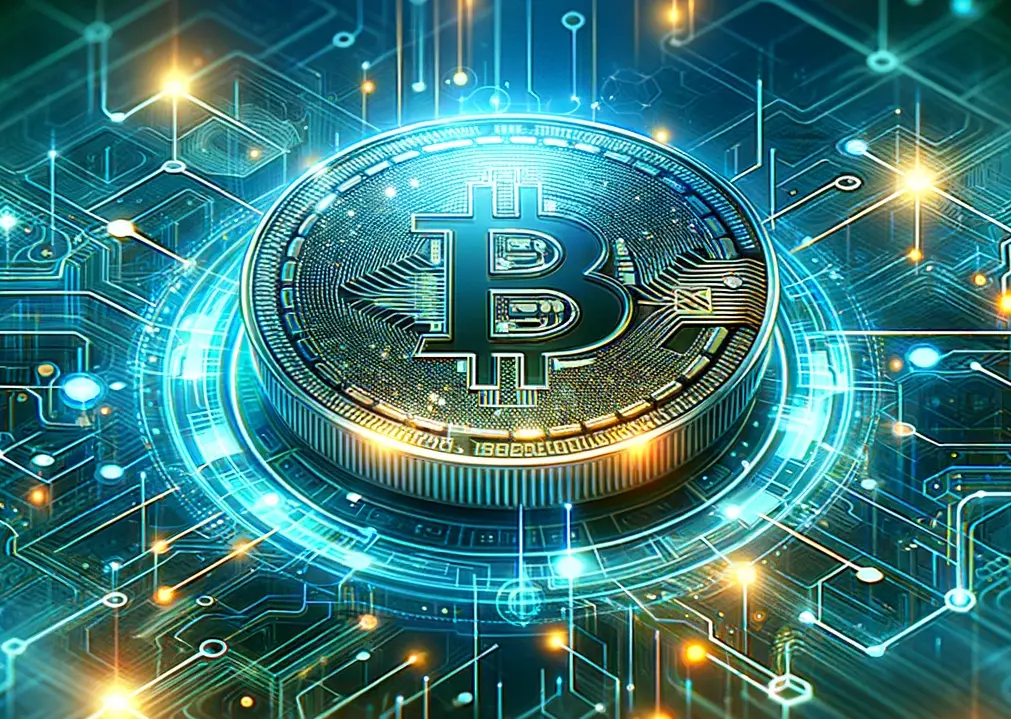صویری مفهومی از بیتکوین با زمینه مدارهای الکترونیکی و فناوری بلاکچین
