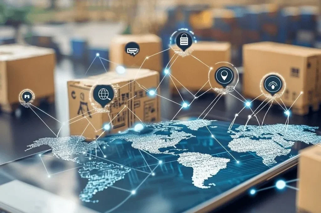 نقشه جهانی با نماد های دیجیتال به نشانه شبکه حمل و نقل و مدیریت لجستیک بین المللی